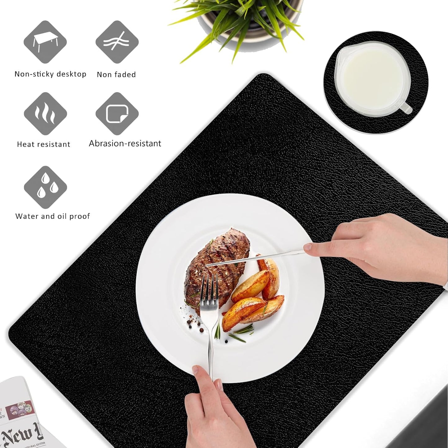 Faux Leather Placemats and Coasters Set of 6, Waterproof, Oil-Proof Wipeable, PVC Leather Place Mats, Anti Slip Heat Resistant Reversible Table Mats for Kitchen, Dining, Outdoor 17’’×12’’, (Black)