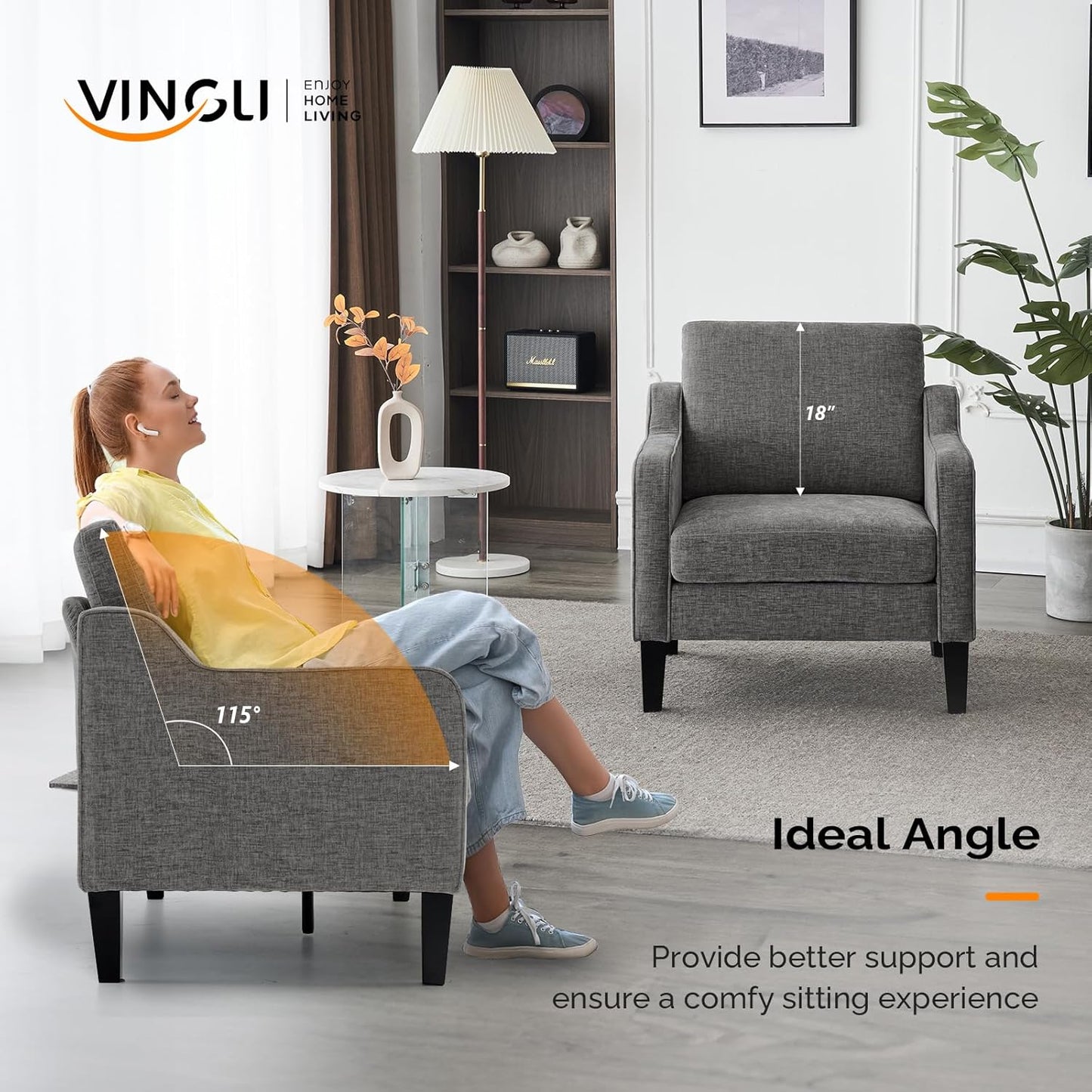 VINGLI Accent Chairs for Living Room Chairs Reading Chair Mid Century Modern Chair Soft Chenille Sofa Chair Upholstered Arm Chair Comfy Chair Side Chair (Light Grey Chenille)
