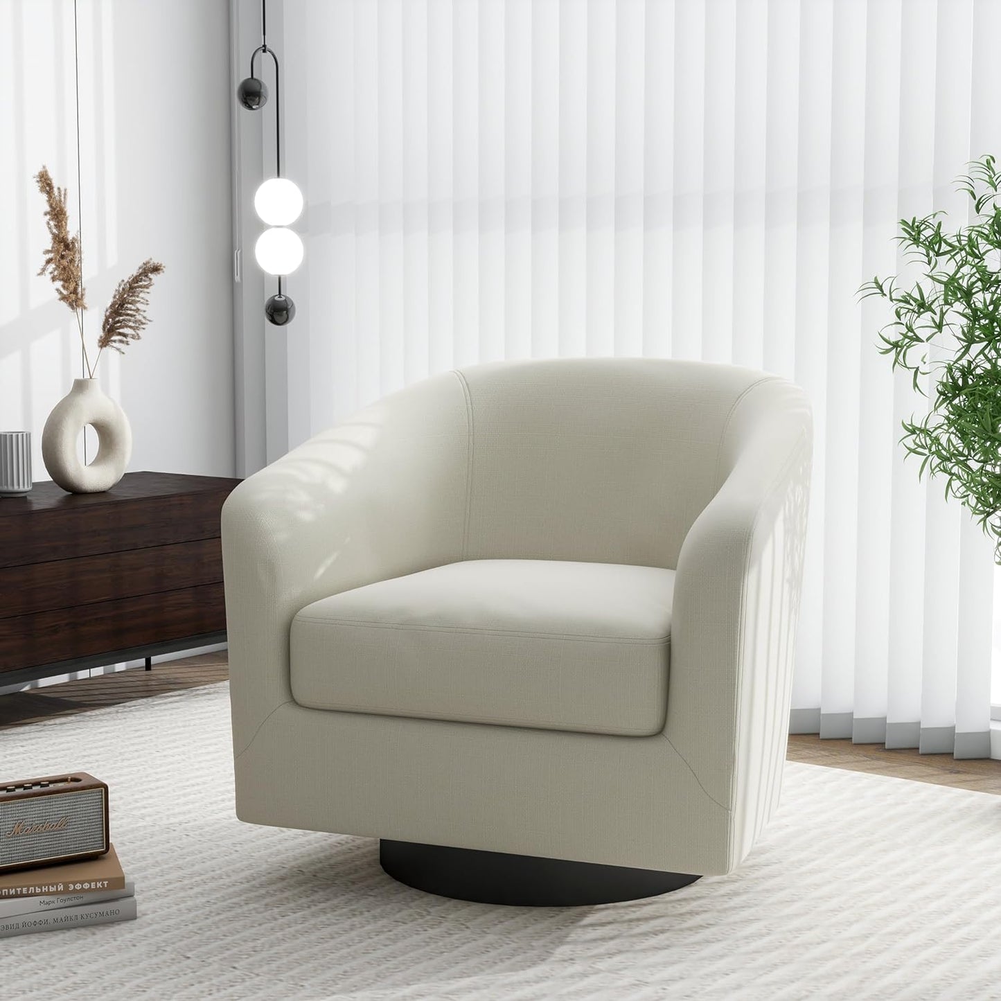 Swivel Barrel Accent Chair, Modern Round Linen Arm Chair for Living Room, Bedroom, Comfy Club Reading Chairs for Adults（Linen Fabric, Beige, Set of 1