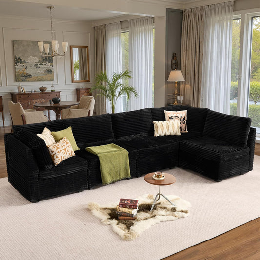 ovios Sectional Sofa Couch with L-Shape Chaise Oversized, Comfy Modular Cloud Couches with Deep Seat, Modern Upholstered Plush Corduroy Sofas Set for Living Room, 5-Seater, Black