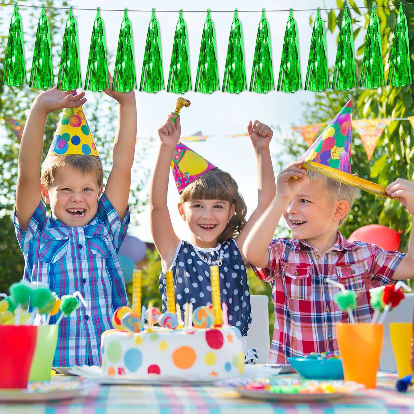 4P Green Foil Fringe Metallic Streamers Banner Tassel Garland for Parade Floats, Bachelorette, Wedding, Birthday, Halloween, Christmas, Bridal/Baby Shower Party Decorations