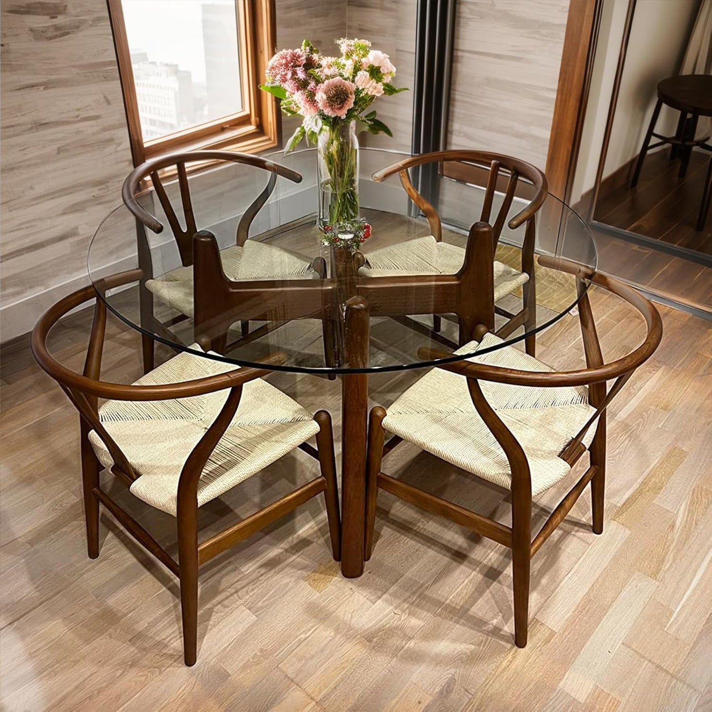 Wishbone Chair Natural Solid Wood Dining Chair/Hans Vegner Y Chair Rattan and Wood Accent Armrest Chairs Set of 4 (Ash Wood - Walnut)