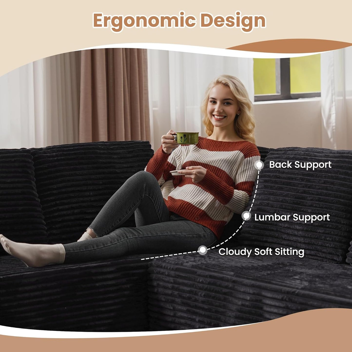 HOOOWOOO Cloud Sectional Couches for Living Room,Modular Sectional Sofa No Assembly,136X110 Inch Plush Corduroy Large U Shaped Floor Couch Set with Deep Seat(Black)