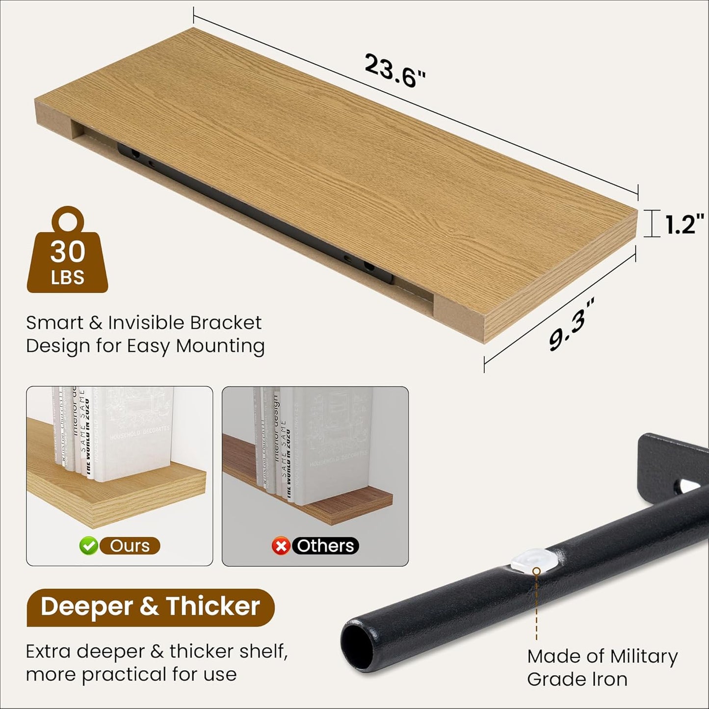 Fun Memories 24 Inch Floating Shelves for Wall, 9 Inch Deep Oak Rustic Wood Wall Mounted Shelves for Bathroom, Kitchen, Living Room, Set of 2