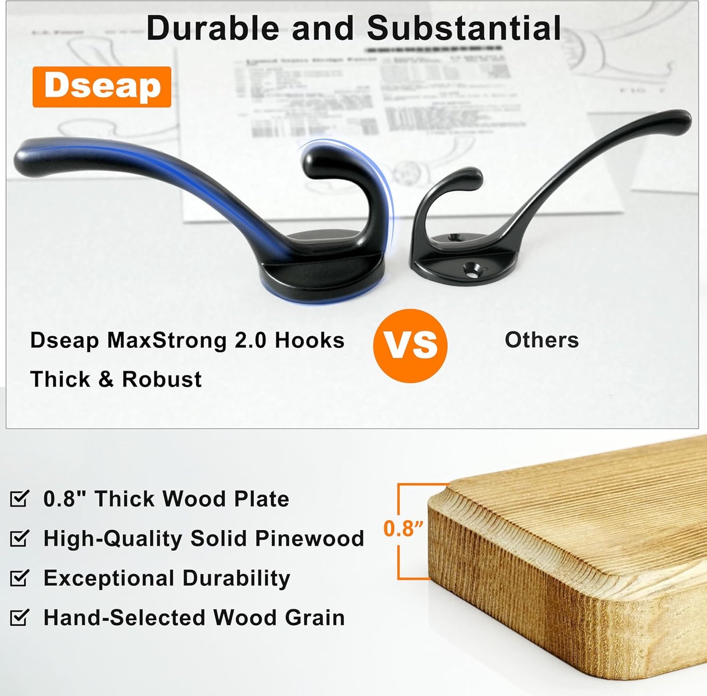 Dseap Wall Mounted Coat Rack: 24" Long, Patented, Heavy-Duty, 6-Double-Hooks Wooden Hanger Rail for Winter Coats, Hat, Jacket, Clothing - Natural & Black, Pack of 2