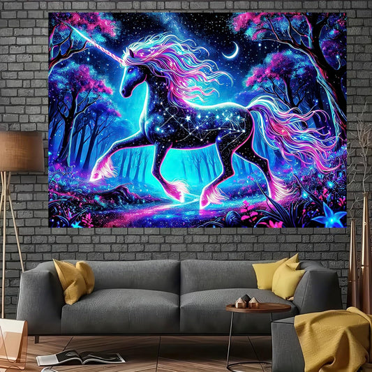 BlissYard Blacklight Unicorn Tapestry UV Reactive Forest Landscape Tapestries Wall Hanging Decor Neon Wolf Wall Tapestry Mysterious Poster Blanket Tapestry for Room Bedroom Dorm Party