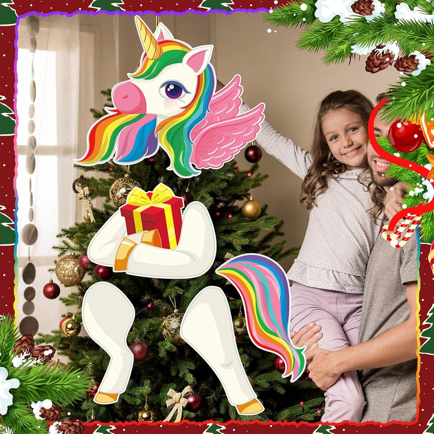 Unicorn Christmas Tree Topper Xmas Colored Unicorn Party Decorative Tree Ornaments Head Hands and Tail Decor for Holiday Christmas Indoor Home Decorations Party Supplies