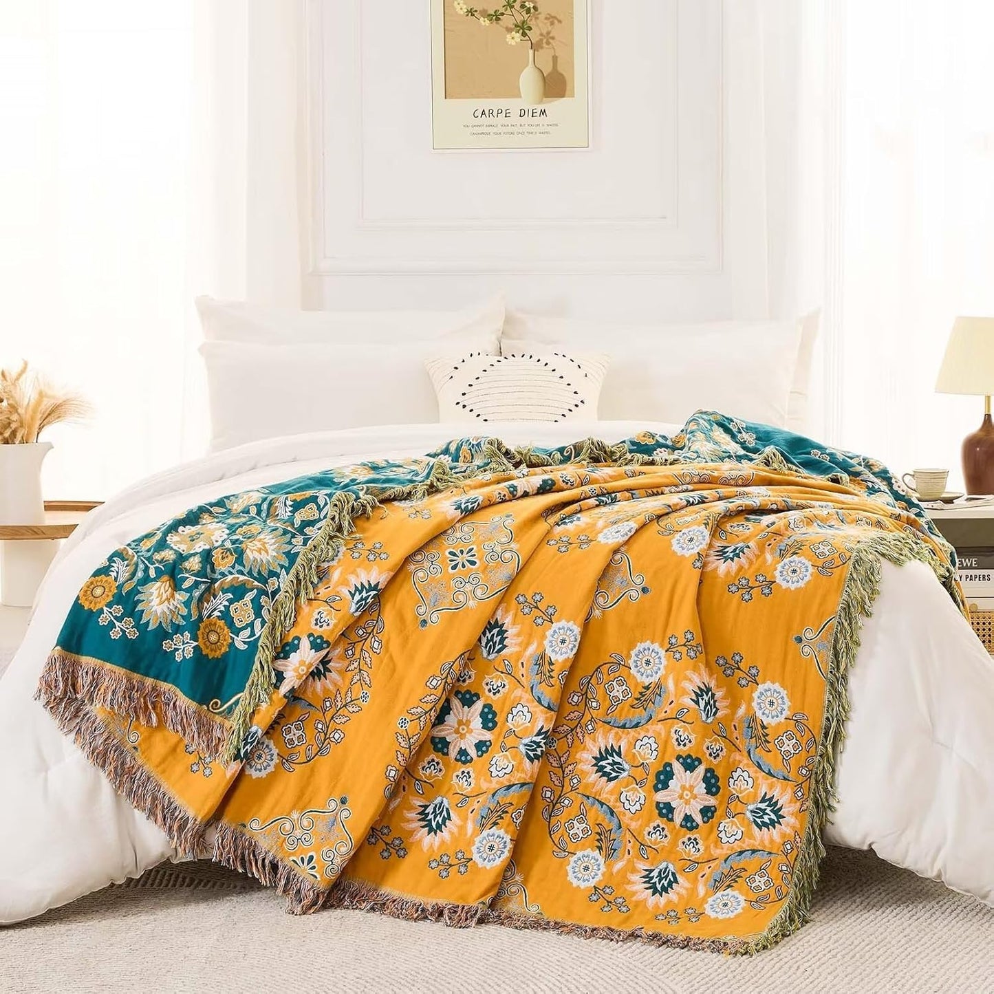 Boho Throw Blanket, 100% Cotton Ultra Soft Luxury Throw Rustic Quilt, Floral Printed Farmhouse Decor Bed Summer Blankets, All Season Rustic Reversible Bohemian Throw for Bed (60"x80" Yellow