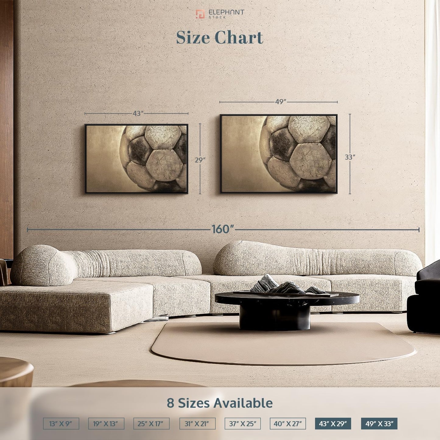 Elephant Stock Worn Soccer Ball Wall Art - Horizontal Framed Canvas - 1-Piece Living Room Wall Decor - Photography sports Canvas Print - Brown and Gray Decor for Wall - 43" X 29"