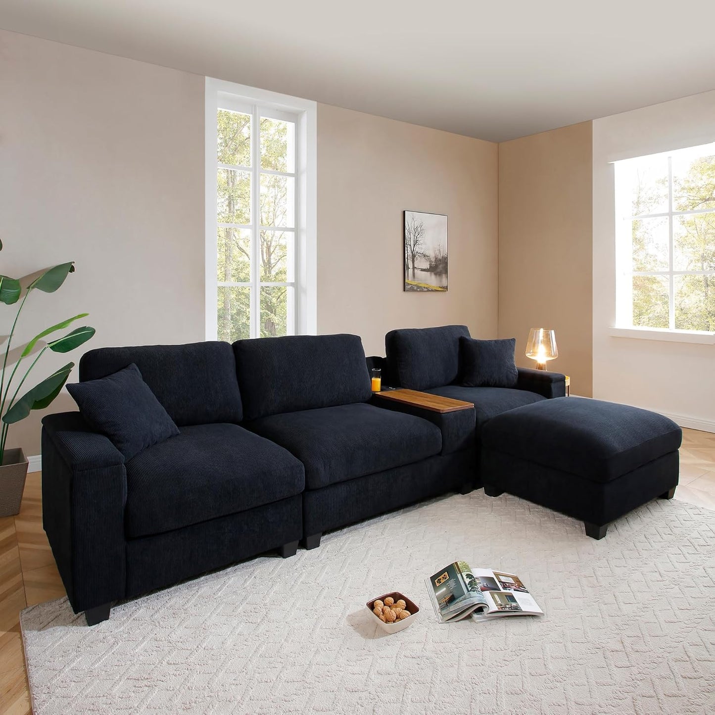 120.3" Modern L-Shaped Sectional Sofa with 360°Swivel Drop-Down Table, Storage Armrest, USB Ports & Movable Storage Ottoman – Plush Linen Cloud Couch for Lounge (Black)