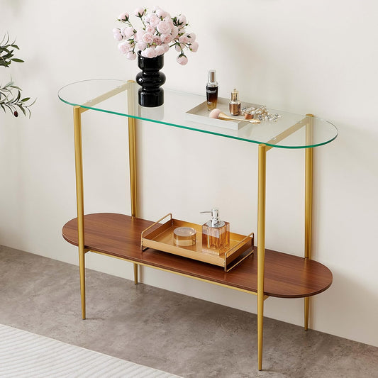 Oval Glass Console Table for Living Room, Foyer & Entrance, 2-Tiers Mid-Century Modern Sofa Table with Clear Glass Top, Walnut Finish Wood Shelf and Gold Finish Frame