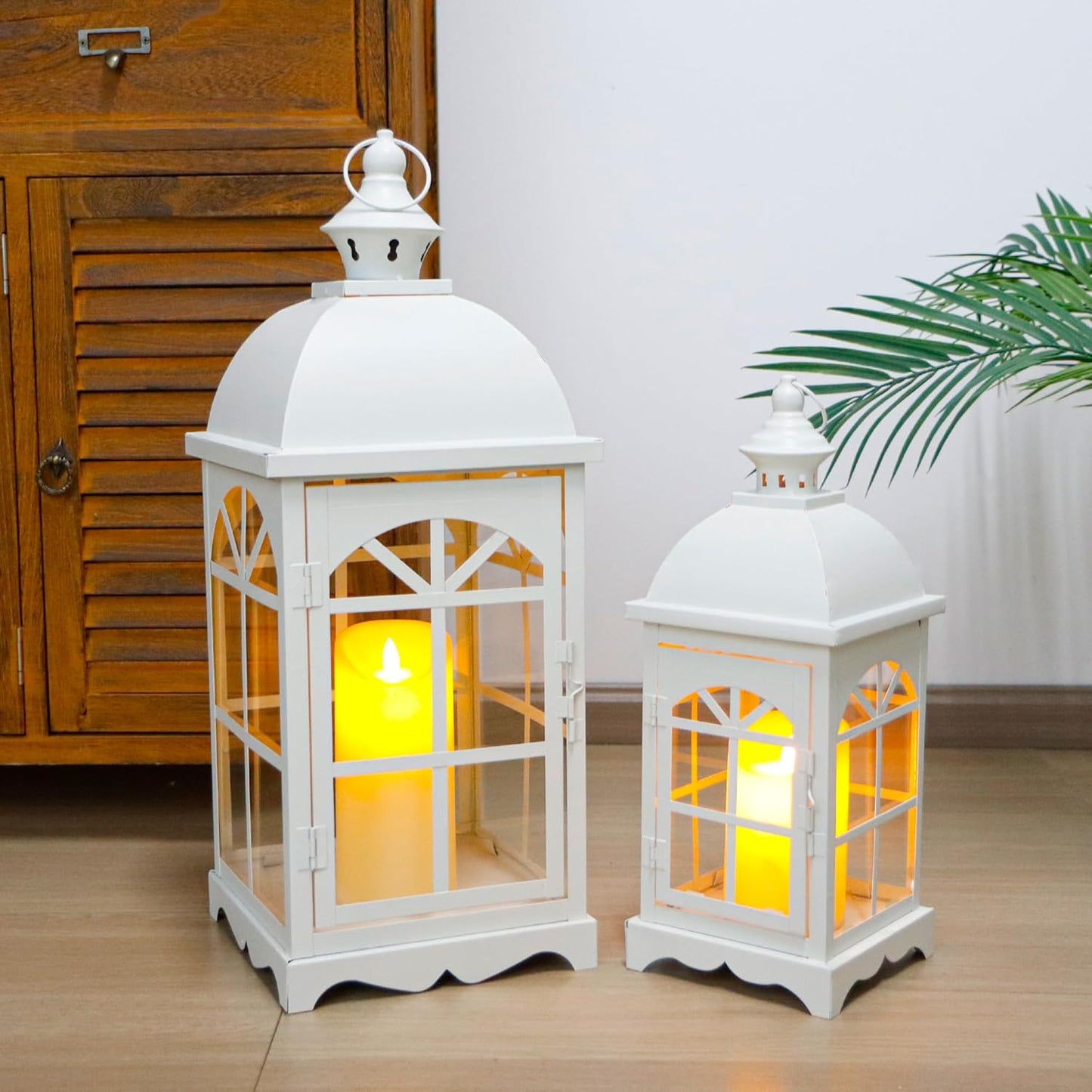 TRIROCKS Set of 2 Decorative Vintage Candle Lanterns 14.5"&20" H Farmhouse Outdoor Hanging Lanterns with Tempered Glass for Porch, Balcony, Patio, Home, Centerpieces, Indoor, Outdoor(White)