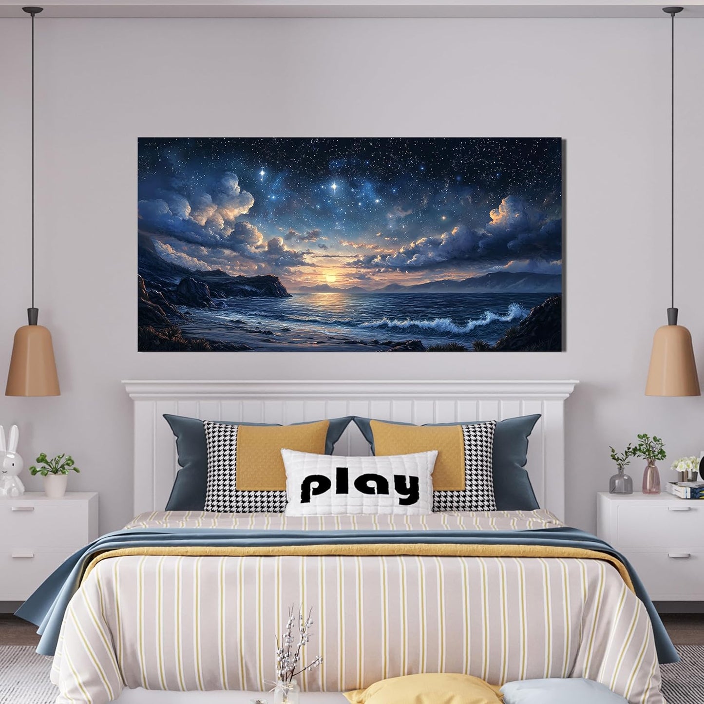 Canvas Wall Art Decor Modern Wall Art Pictures for Living Room Landscape Coastal Wall Art Artwork for Walls Star Night Blue Wall Decor Art Prints Art Work for Home Office Room Wall Decor 20" x 40"