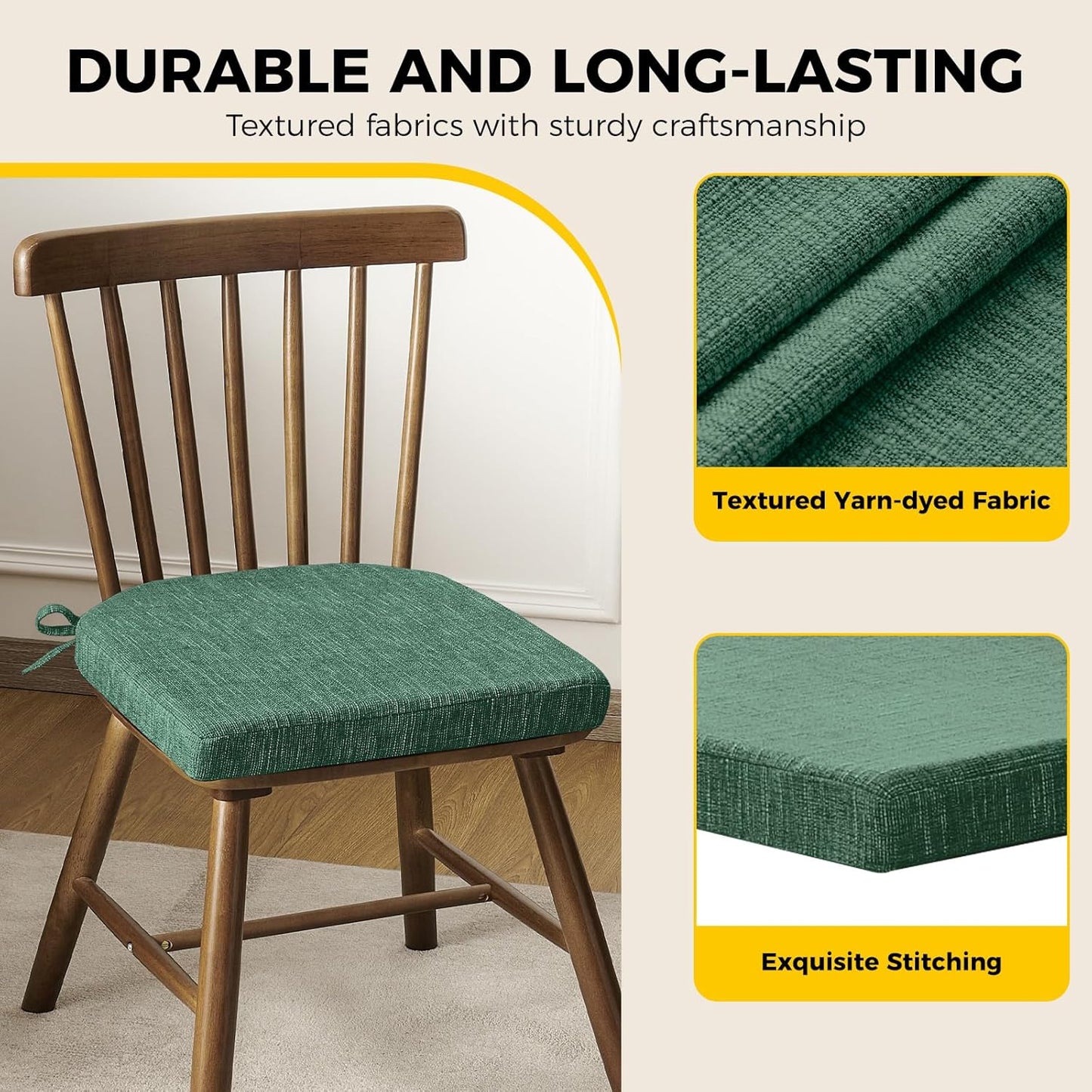 downluxe Indoor Chair Cushions for Dining Chairs, Soft and Comfortable Textured Foam Kitchen Chair Pads with Ties and Non-Slip Backing, 16" x 16" x 2", Dark Green, 6 Pack