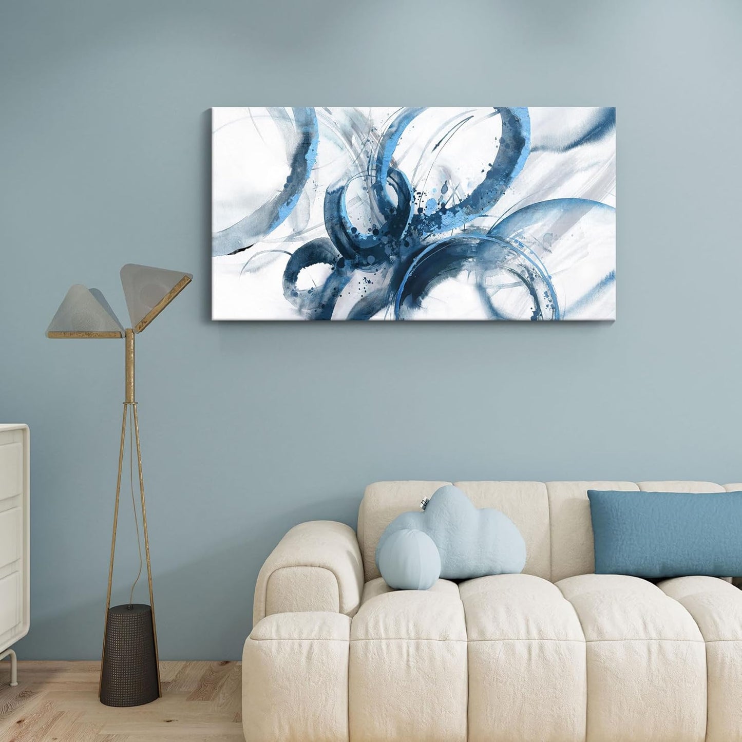 Blue Wall Art Large Pictures for Living Room Abstract Wall Decor Wall Decoration Print Pictures Canvas Framed Artwork Minimalist Paintings for Office Above Bed Wall Decor 24×48in