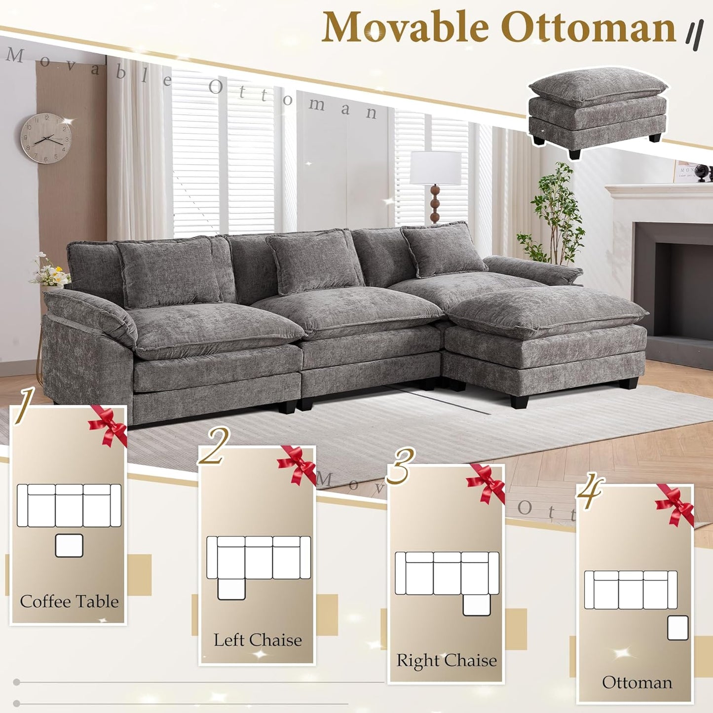 URRED Modular Sectional Sofa Comfy Cloud Couch, Modern Chenille Sofa Sleeper Deep Seat Couches with Ottoman/Pillows for Living Room (Gray, 117''- L Shape)