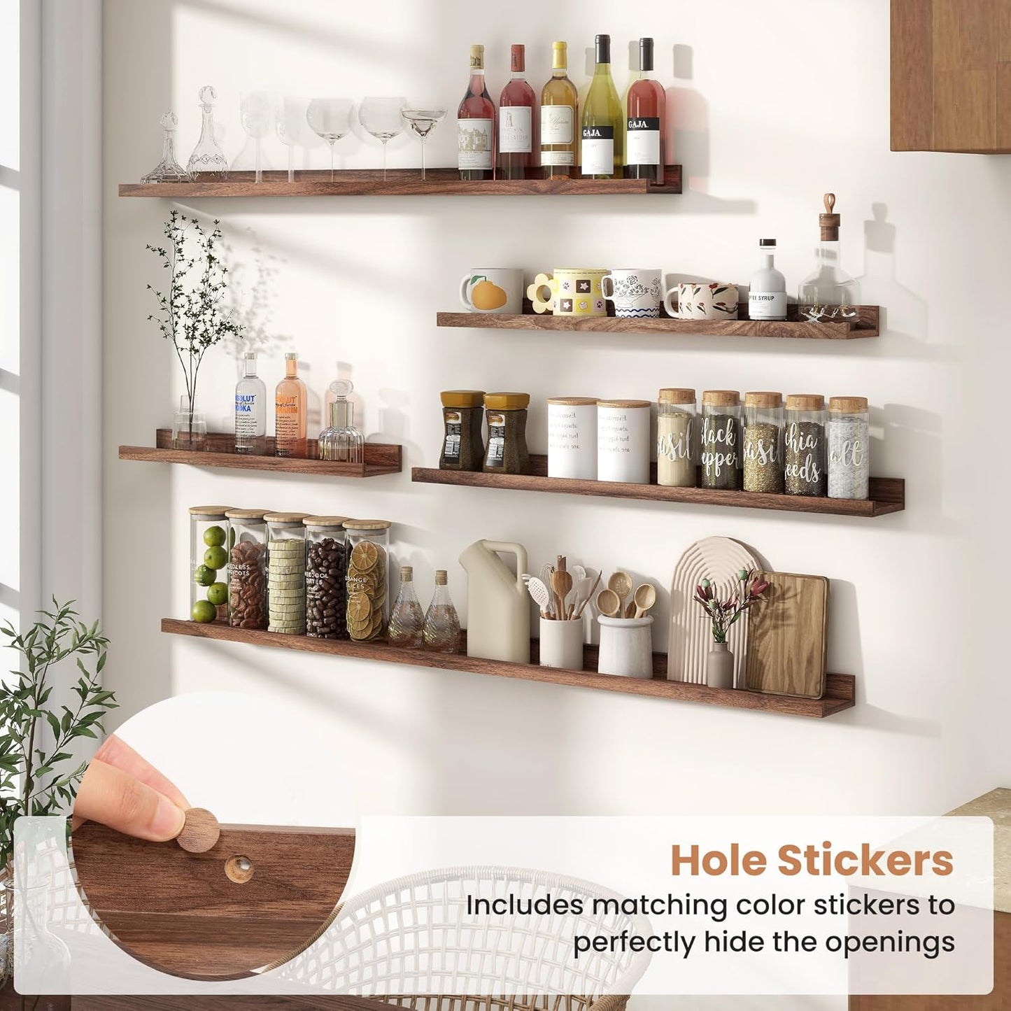 Fun Memories Picture Ledge Shelves Set of 2, 55 Inch Rustic Wall Mounted Floating Shelves with Lip for Home Storage and Décor in Bathroom, Kitchen, Nursery, Bedroom, Living Room, Walnut