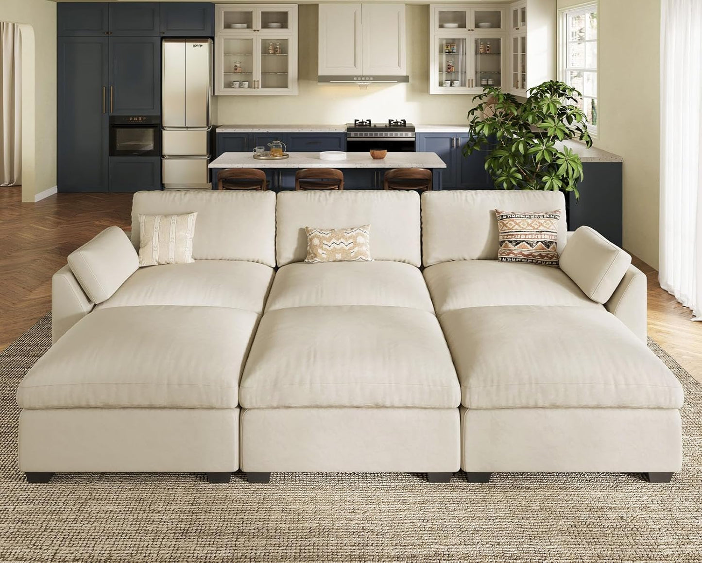 Belffin Sectional Couches for Living Room,106.3" 6-Seater Sleeper Sofa Bed,Extra Deep Seat Velvet Cloud Couch with Ottoman,Modular Sectional Sofa with Washable Covers,Beige