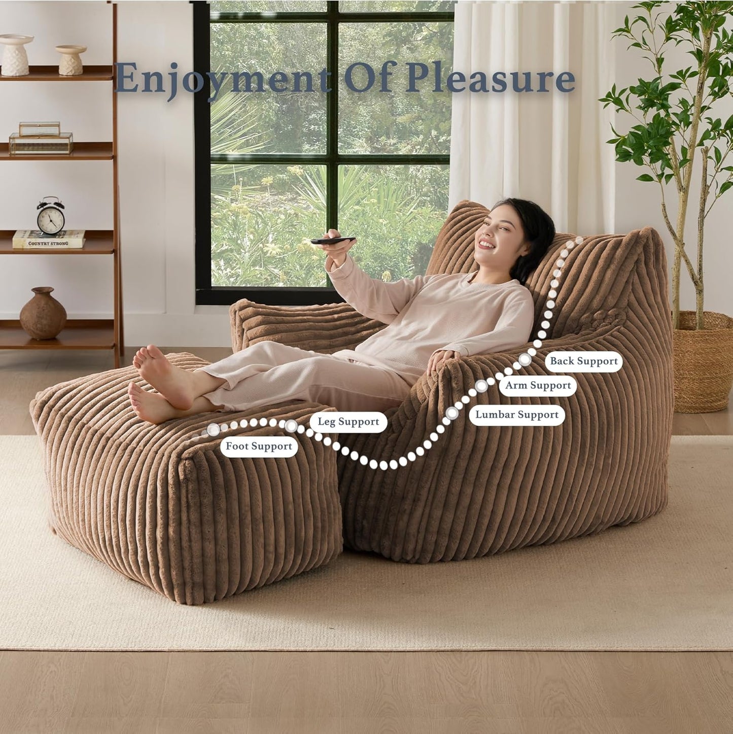 Oversized Bean Bag Chaise Lounge Chair Indoor for Adults with Armrests & Ottoman - Giant Comfy Khaki Beanbag Floor Sofa Cloud Accent Chair for Reading, Gaming, Cozy Plush Cloud Mini Couch