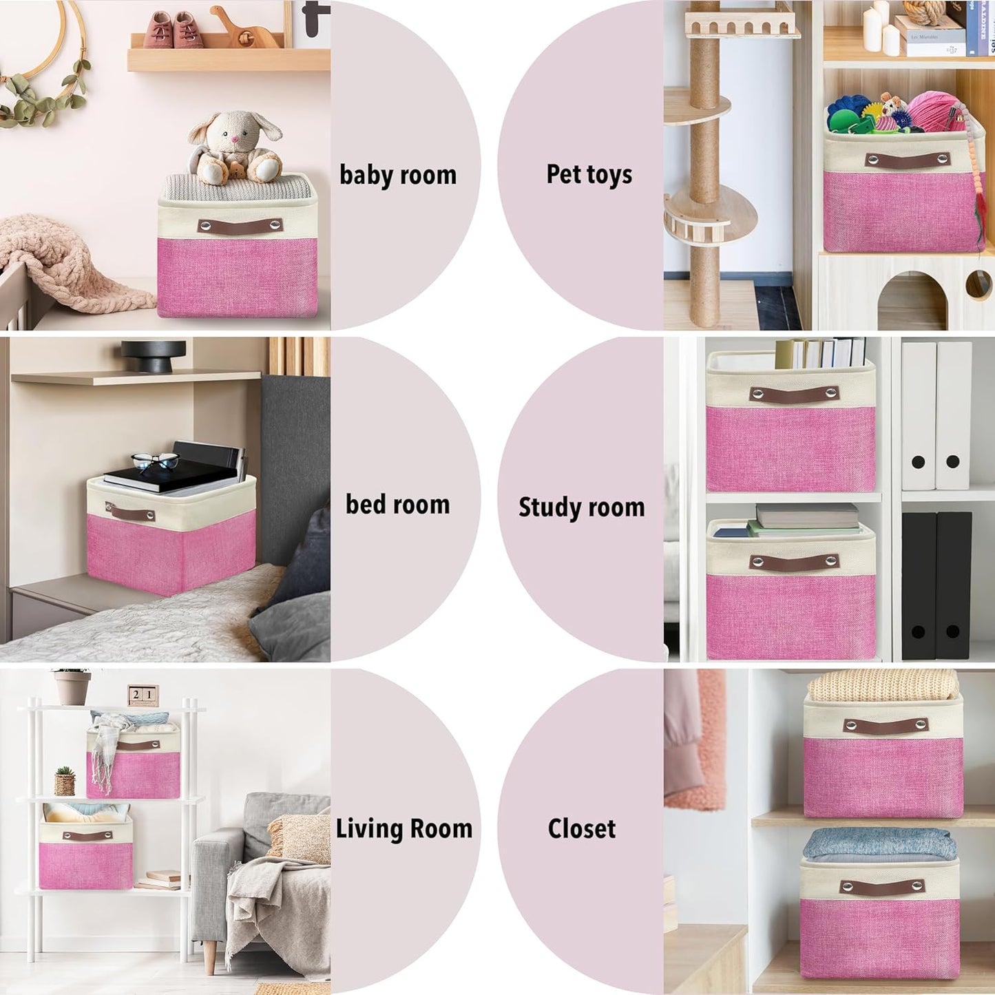 SIMPLE HOUSEWARE Large Fabric Storage Bin, 15" x 11" with Leather Like Handles, 3 Pack, Pink