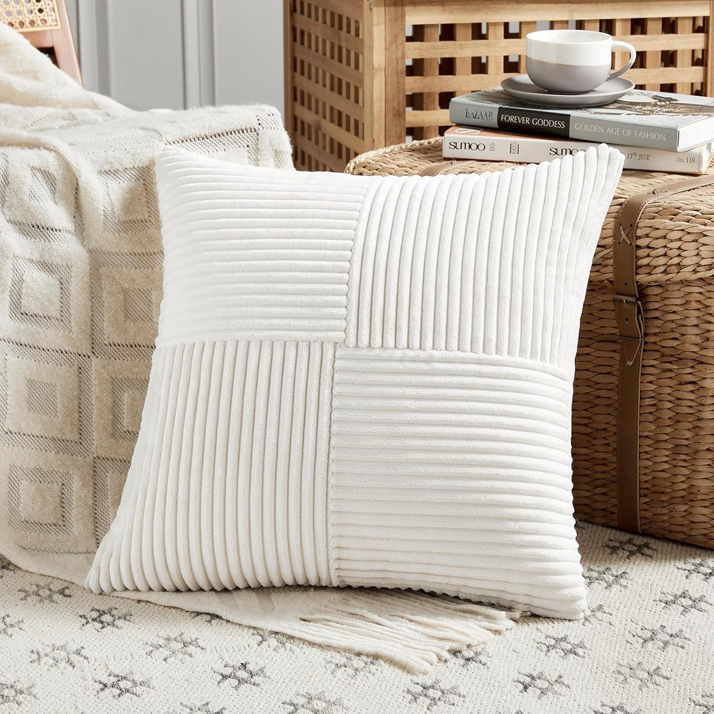 Fancy Homi 2 Packs Cream White Samll Decorative Throw Pillow Covers 14x14 Inch with for Couch Bed Sofa, Rustic Farmhouse Boho Home Decor, Soft Corss Patchwork Corduroy Square Cushion Case 35x35 cm