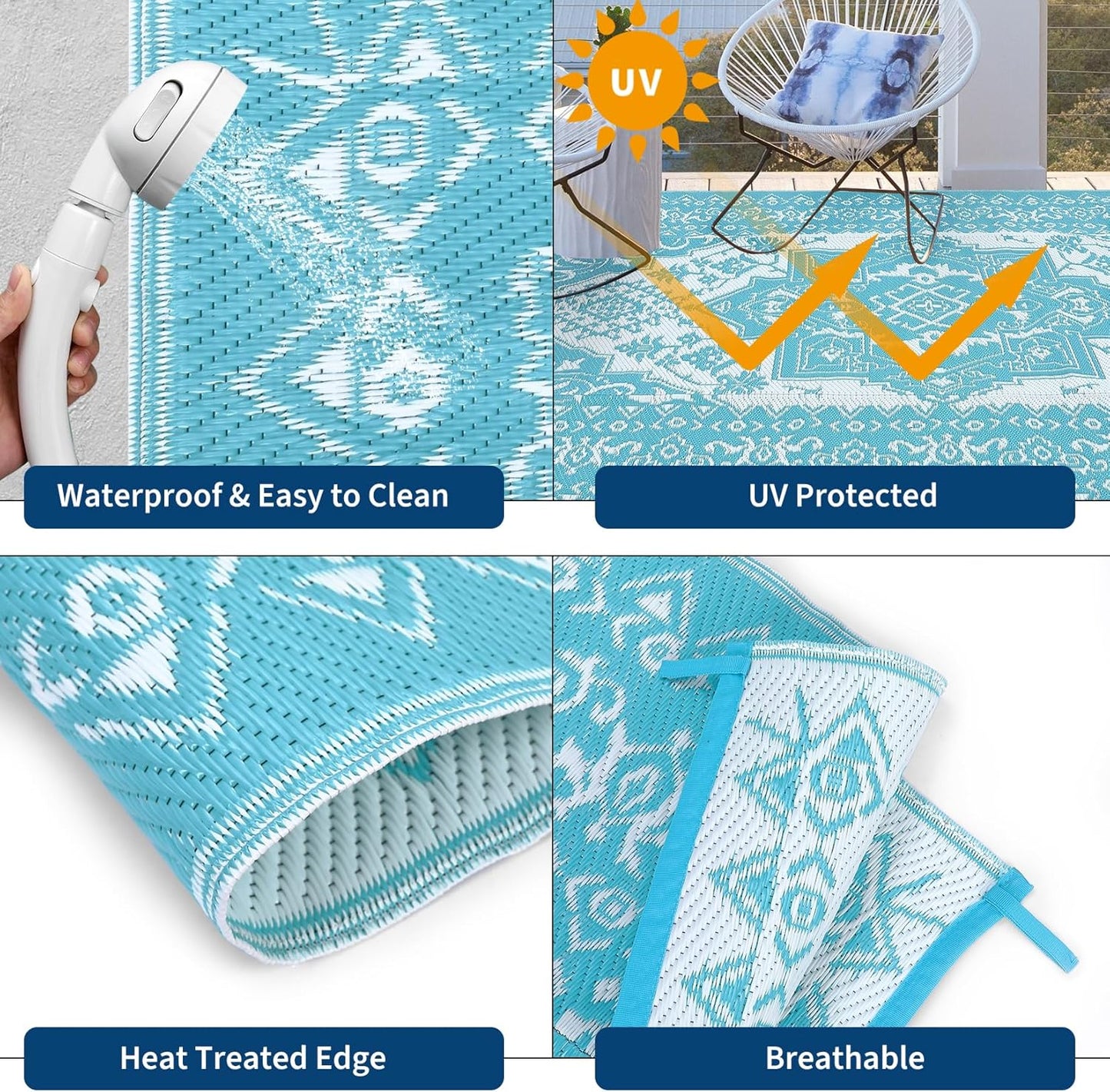 GAOMON Outdoor Rug Waterproof 9x12 Patio Rugs Reversible Plastic Straw Rug, Large UV-Resistant Portable RV Camping Mats, Indoor Outdoor Medallion Carpet for Deck Porch Garden, Light Blue & White