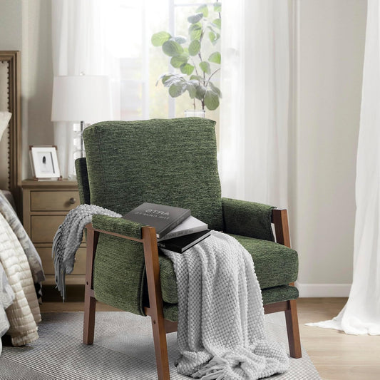 Modern Accent Chair for Living Room Mid Century Arm Chair Upholstered Bedroom Chair Comfy Lounge Chair with Solid Wood Frame, Green