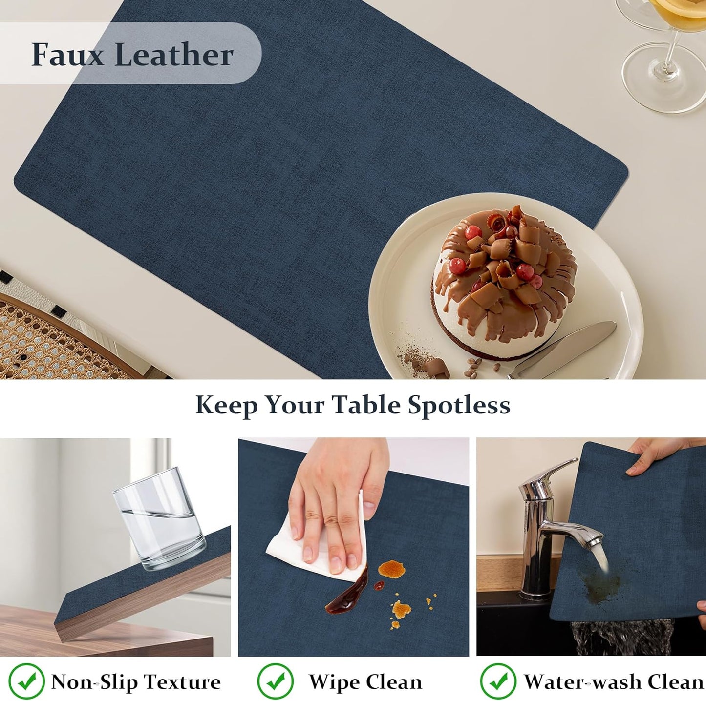 FROMHEART Faux Leather Placemats Set of 6–Waterproof,Heat/Oil Stain-Resistant PU Table Mat–Reversible,Non-Slip,Easy to Clean Place Mats for Kitchen,Dining,Indoor/Outdoor,(Dark Blue,11.8" x 17")