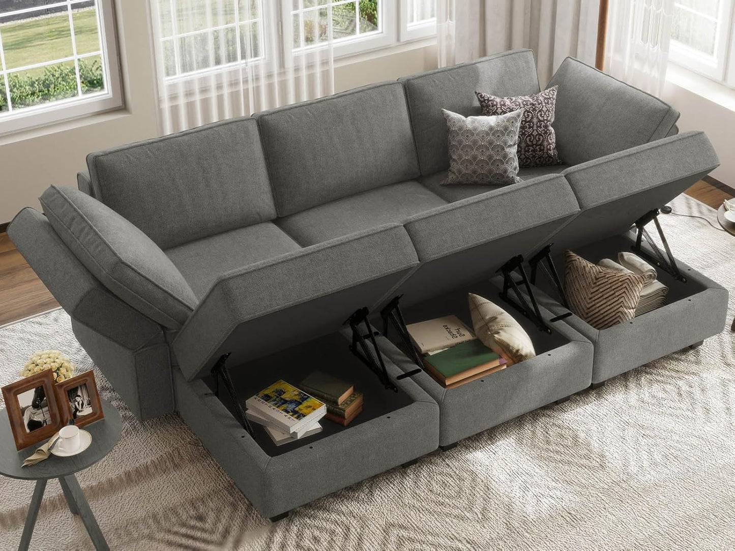 Belffin Terry Fabric Modular Sectional Sleeper Sofa Bed with Storage Convertible Sectional Couches for Living Room 6 Seaters Light Grey Modular Sofa