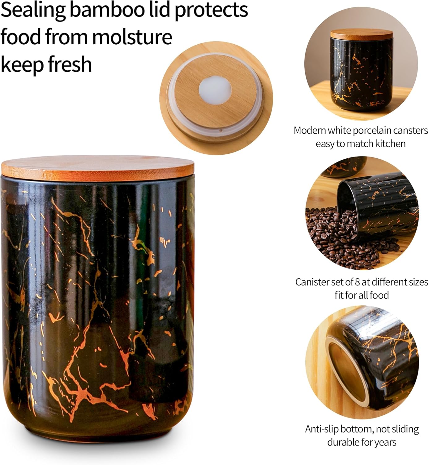 Ceramic Canister Set with Bamboo Airtight Lids, 3-Piece Kitchen Storage Jars (48oz, 30oz, 12oz) – Black with Gold Marble Pattern, Glossy Finish, for Coffee, Sugar, Flour & More