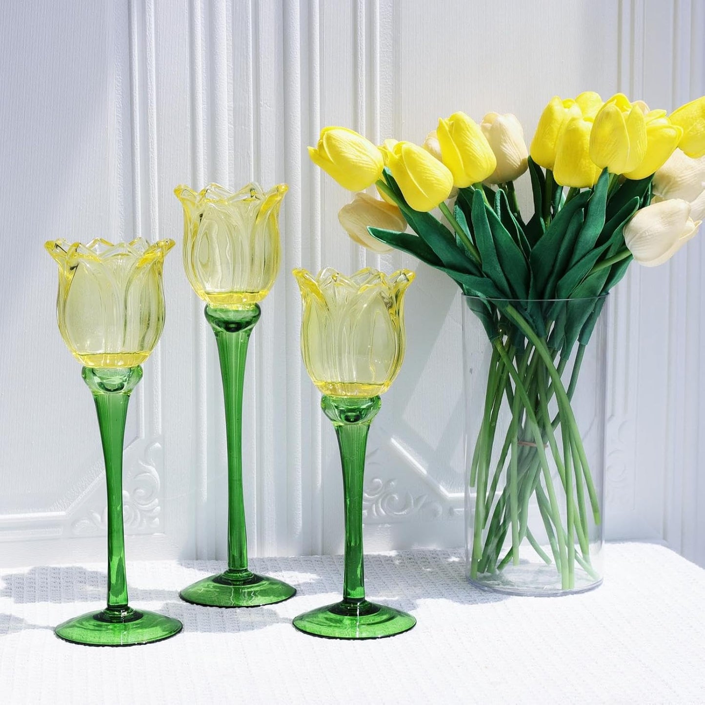 VOHO Yellow Tulips Candle Holders for Modern Home Decor, Bright Yellow Tealight Candle Holder Birthday Gifts for Women Friends, Tulip-like Tea Lights Candle Holder for Party Table Centerpiece(Set of3)