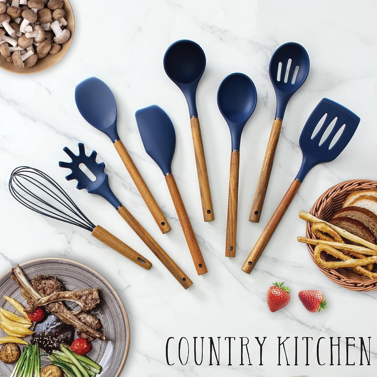 Country Kitchen Non Stick Silicone Utensil Set with Rounded Wood Handles for Cooking and Baking, 8 Piece Set, Navy