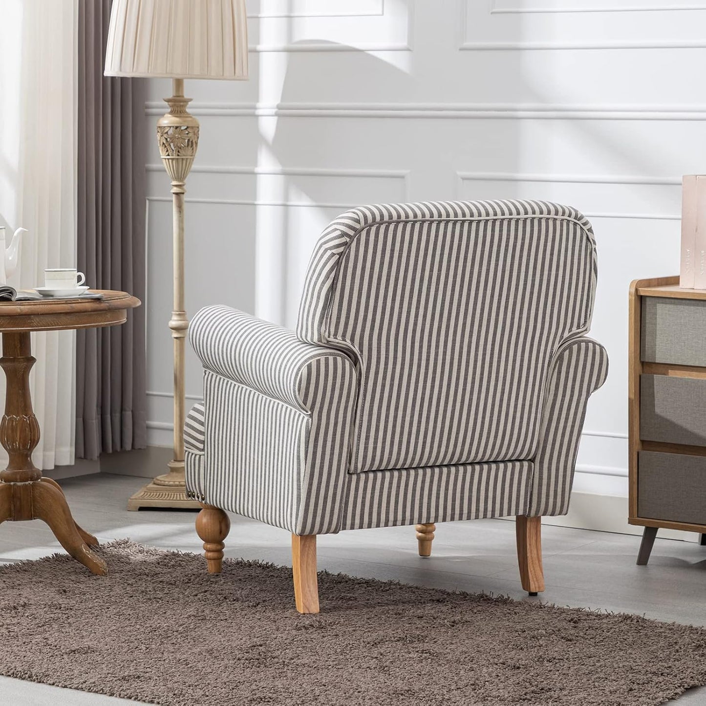 chairus Linen Accent Chair for Living Room Upholstered Mid Century Modern Single Sofa Chair with Solid Wood Legs Comfy Reading Chair Armchair for Bedroom/Office Room/Recption/Lounge, Black Stripe