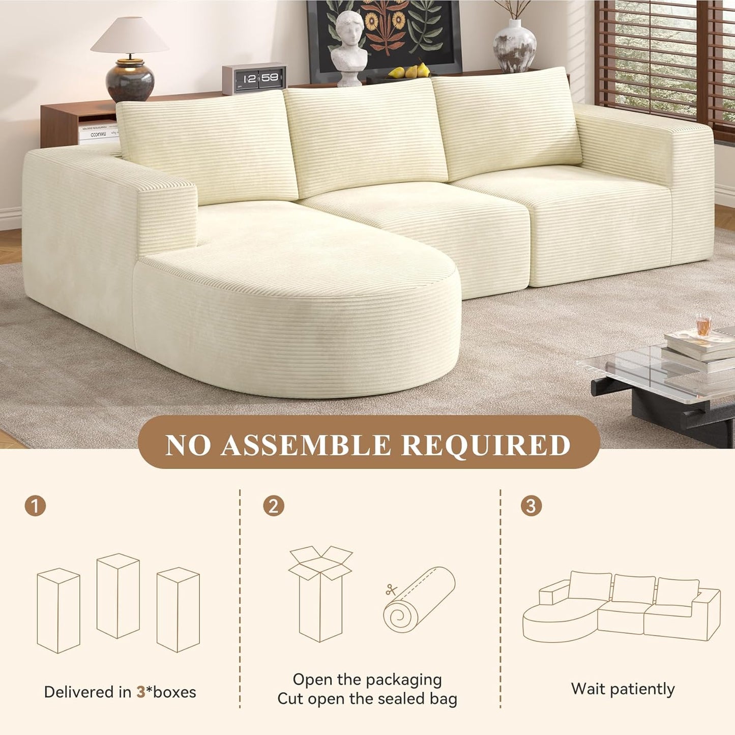Modular Sectional Sofa with L-Shape Chaise,Cloud Sectional Modern Sleeper Couch with Deep Seat,Sponge Compression Sofas No Assembly Required (Beige-Corduroy Fabric) 1 PCS