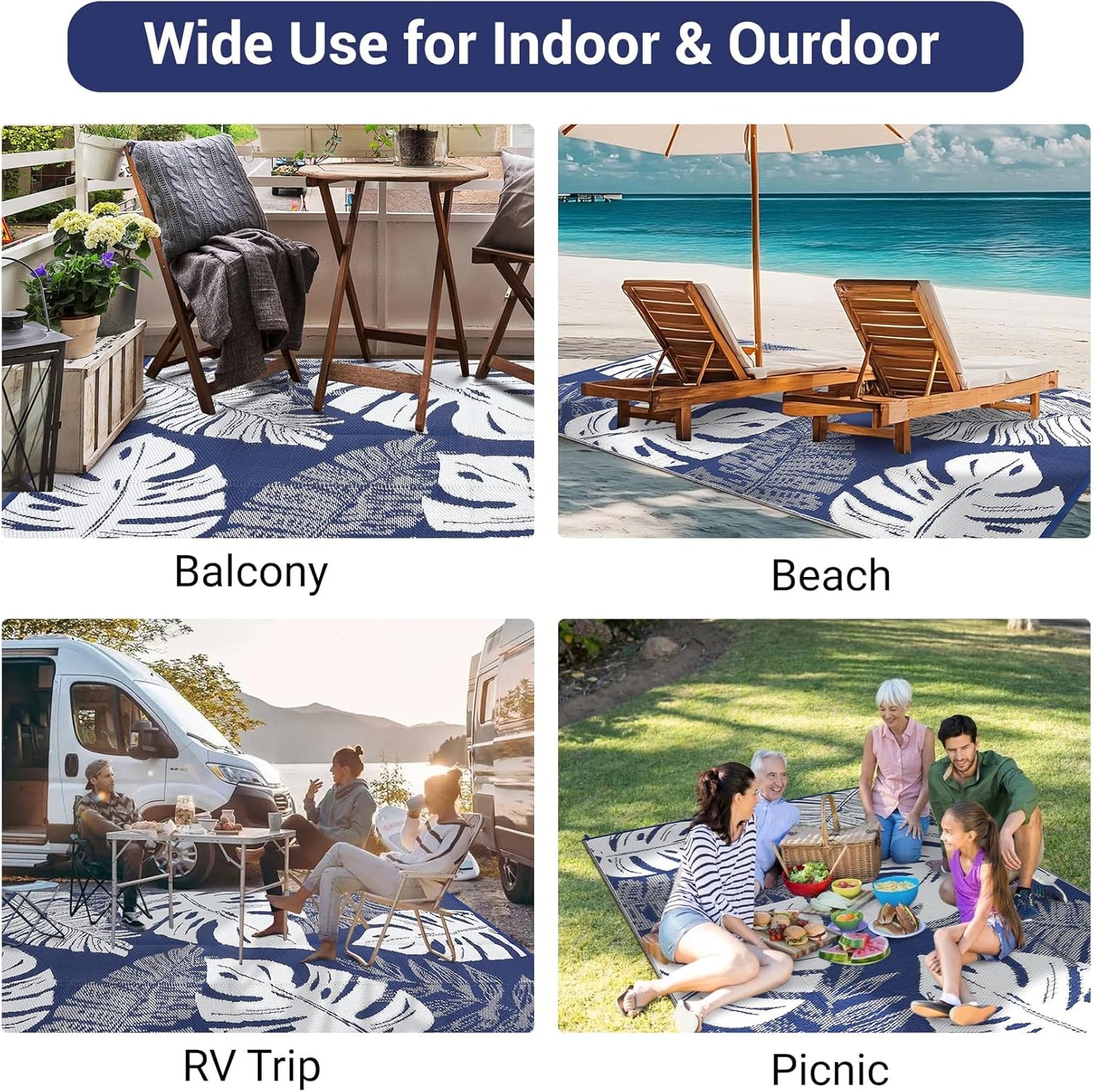 GAOMON Waterproof Plastic Straw Rug 9x12 Outdoor Patio Rugs, Reversible Modern Camping Mat with Bag & Stakes, UV Resistant & Easy to Clean Outdoor Carpet for RV, Deck, Balcony, Blue