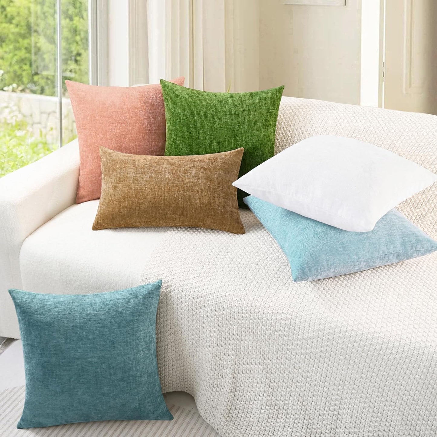 CaliTime Throw Pillow Covers Decorative 24 X 24 Inches Pack of 2 Cozy Chenille Cushion Cases for Couch Sofa Bed Living Room Home Light Blue Grey