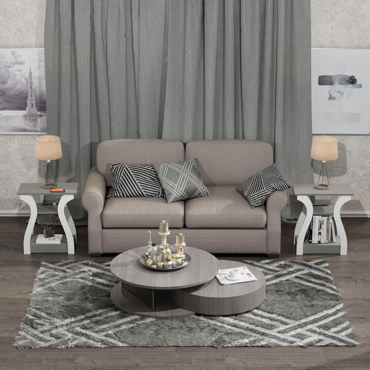 End Tables Living Room Set of 2,Grey End Table with Charging Station,Grey Side Table, Nightstand for Bedroom, 3 Tier End Table with Storage Shelf for Living Room