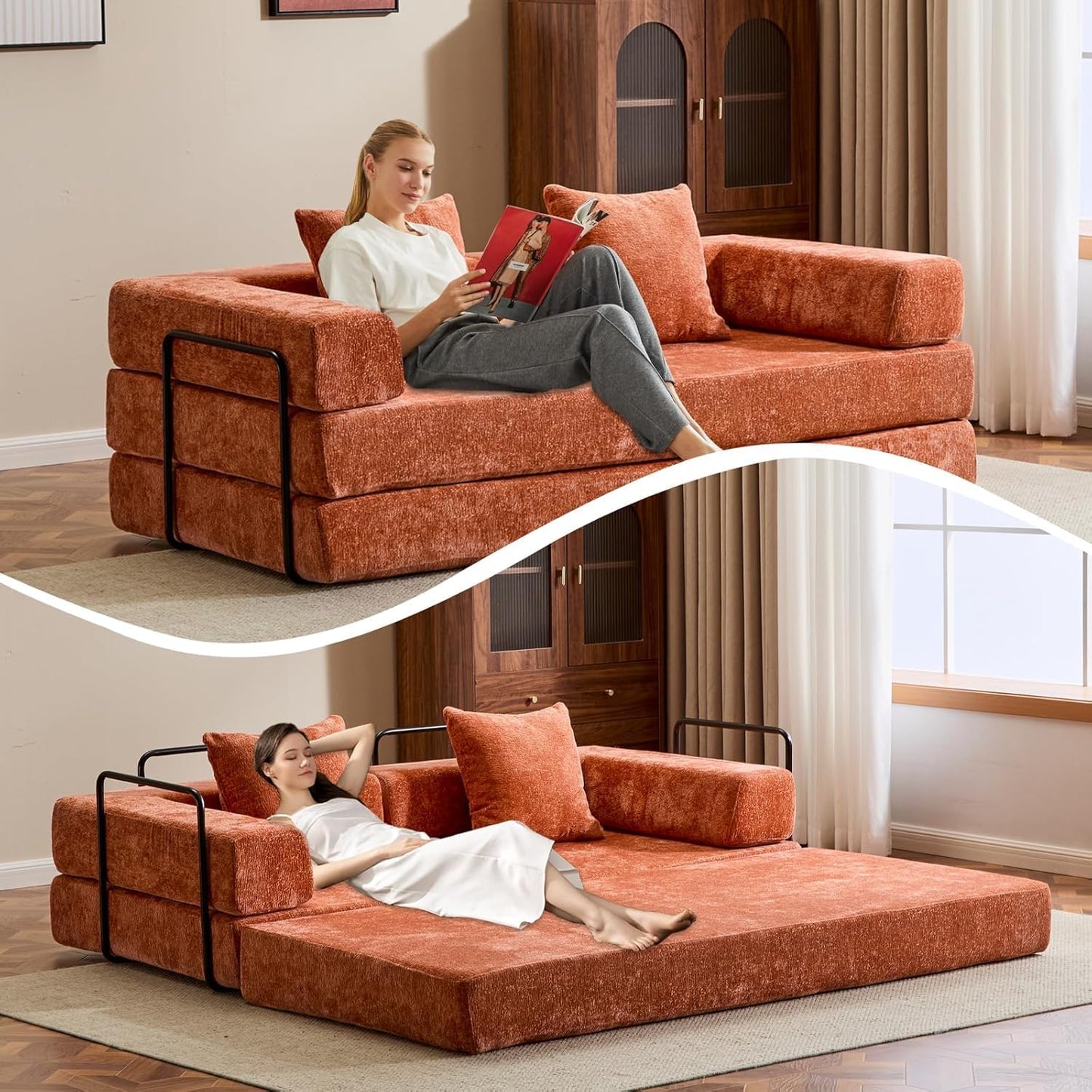 Convertible Sleeper Sofa Bed, Compression Folding Sofa with Pillow, No Assembly Required, Shape Frame, Floor Sofas Lounge Couch for Living Room, Bedroom, Small Spaces (Chenille, 77''W, Orange)
