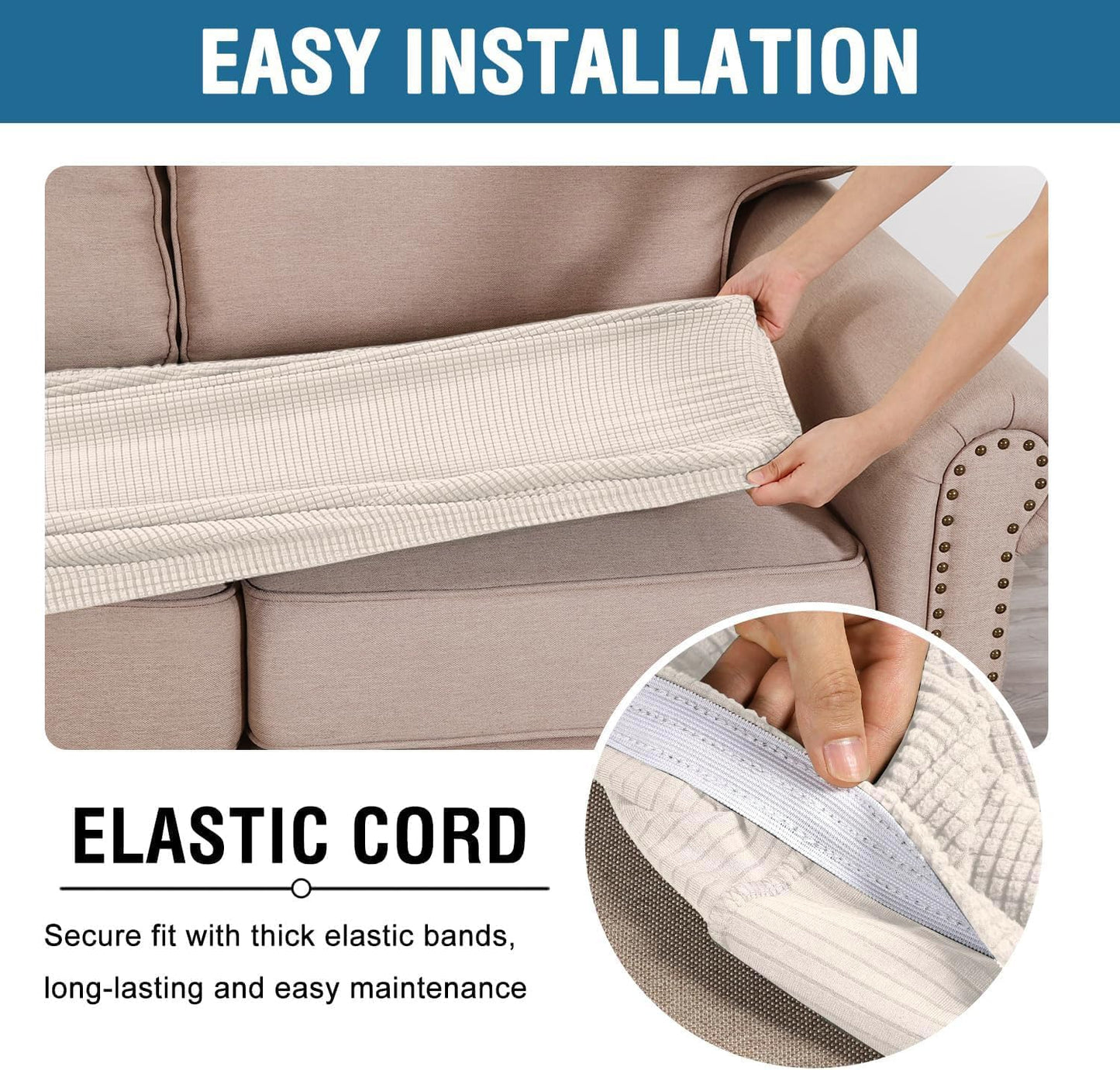 H.VERSAILTEX Super Stretch Individual Seat Cushion Covers - Sofa & Couch Cushion Slipcover Sets - Thick Jacquard Textured Twill Fabric (3 Piece XL, Ivory)