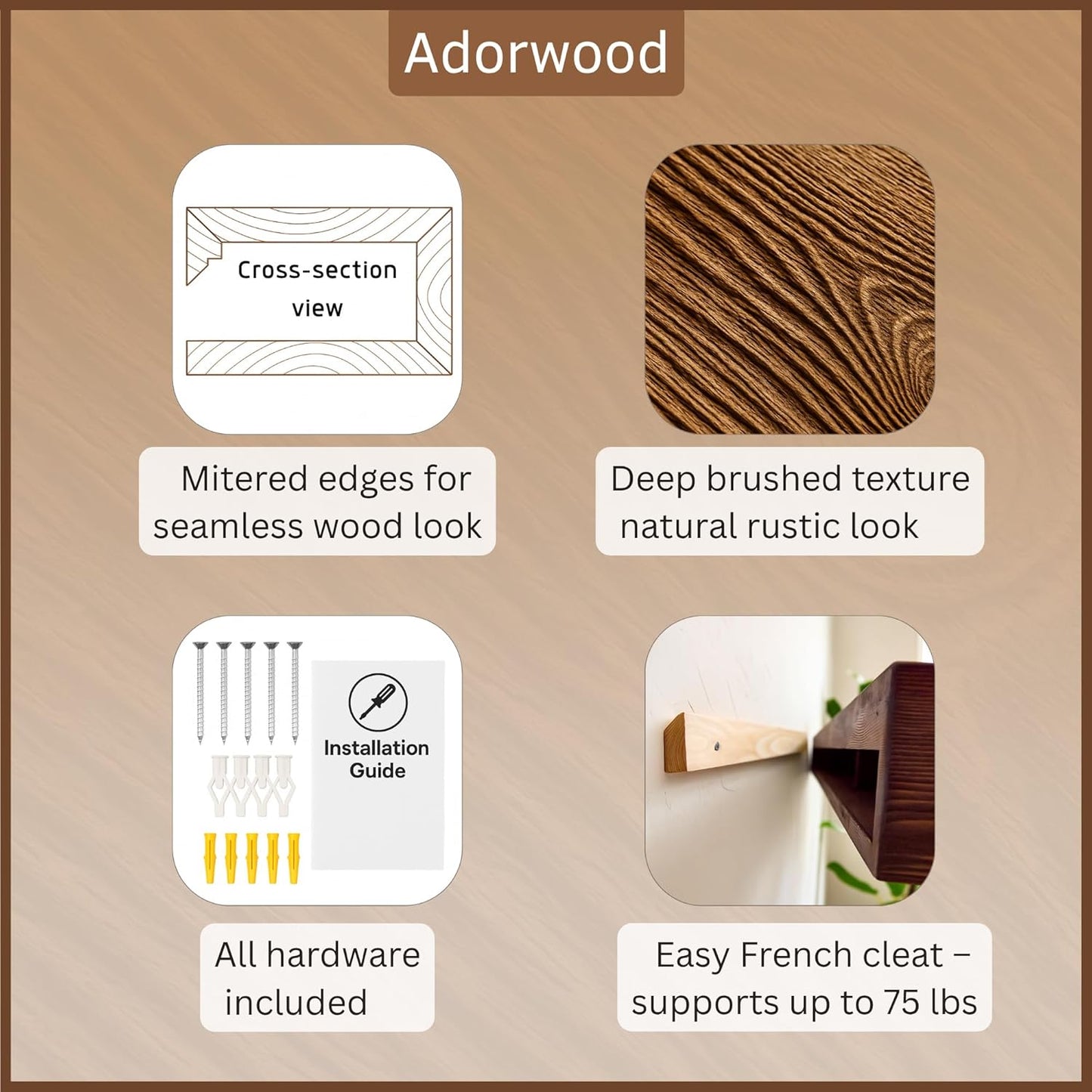 Handmade Fireplace Mantel Shelf 48", Extra Wide Rustic Wood Mantles for Over Fireplace, Wall Mounted Floating Mantel Shelves for Living Room Decor (Dark Rustic, 48Lx6Hx8D)