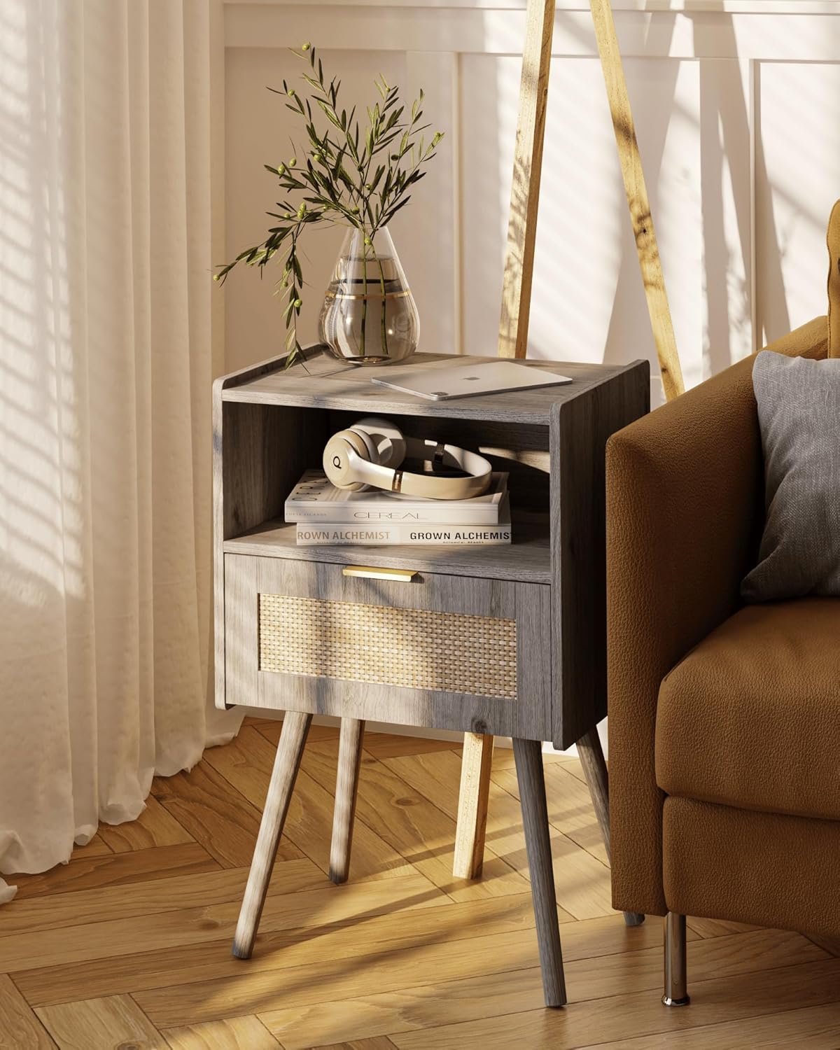 Rattan Nightstand,Modern Bedside Table with Storage Drawer and Open Wood Shelf, for Living Room, Bedroom and Small Spaces, Accent Night Stand with Solid Wood Legs, Easy Assembly(Grey Oak)