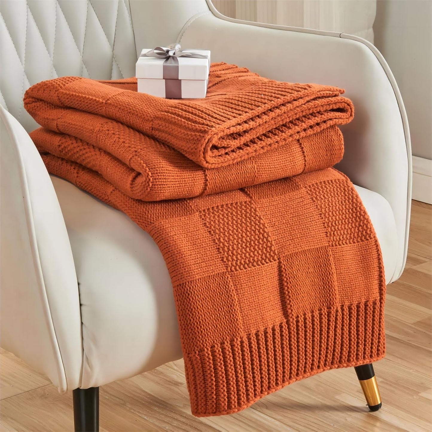 CozeCube Check Knit Throw Blanket, Rust Orange Checkered Throw for Couch, Decorative Christmas Soft Cozy Warm Knitted Blanket for Bed Sofa Living Room, 60"X80"