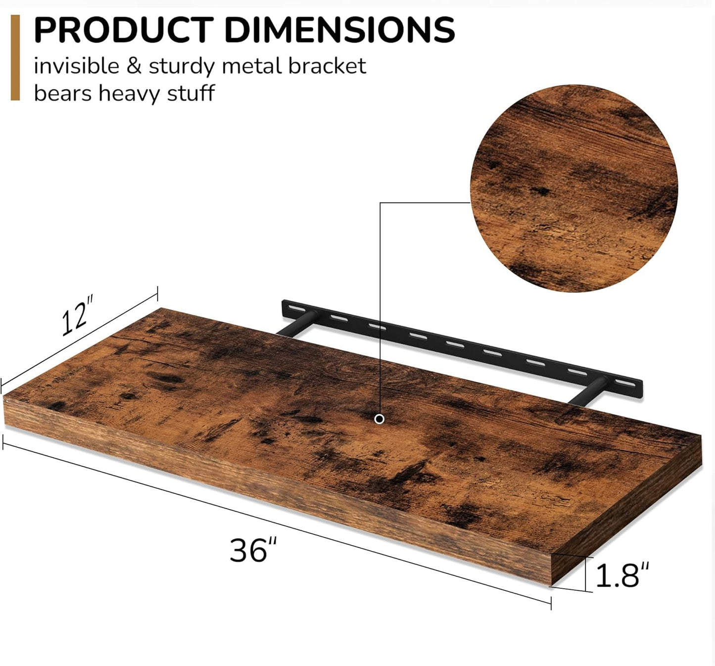 Fun Memories Floating Shelves - 2 Pack 12 Inch Rustic Wooden Wall Shelves - Extra Deeper & Thicker Wall Mounted Storage Shelf for Living Room, Kitchen, Farmhouse - 36" W x 12" D x 1.8" H - Brown