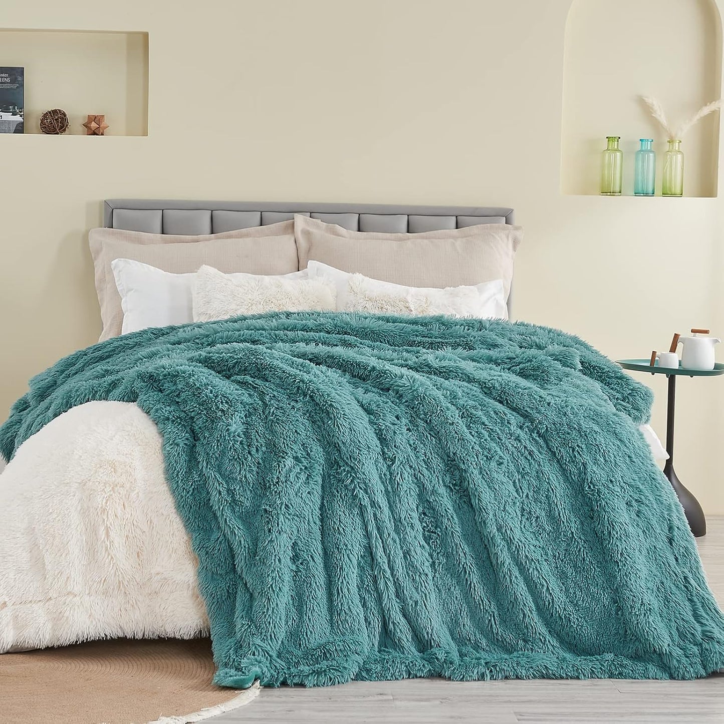 GONAAP Fuzzy Faux Fur Throw Blanket Twin Size Light Teal Super Soft Cozy Plush Fuzzy Shaggy Blanket for Couch Sofa Bed (Light Teal, Twin(60"x80"))