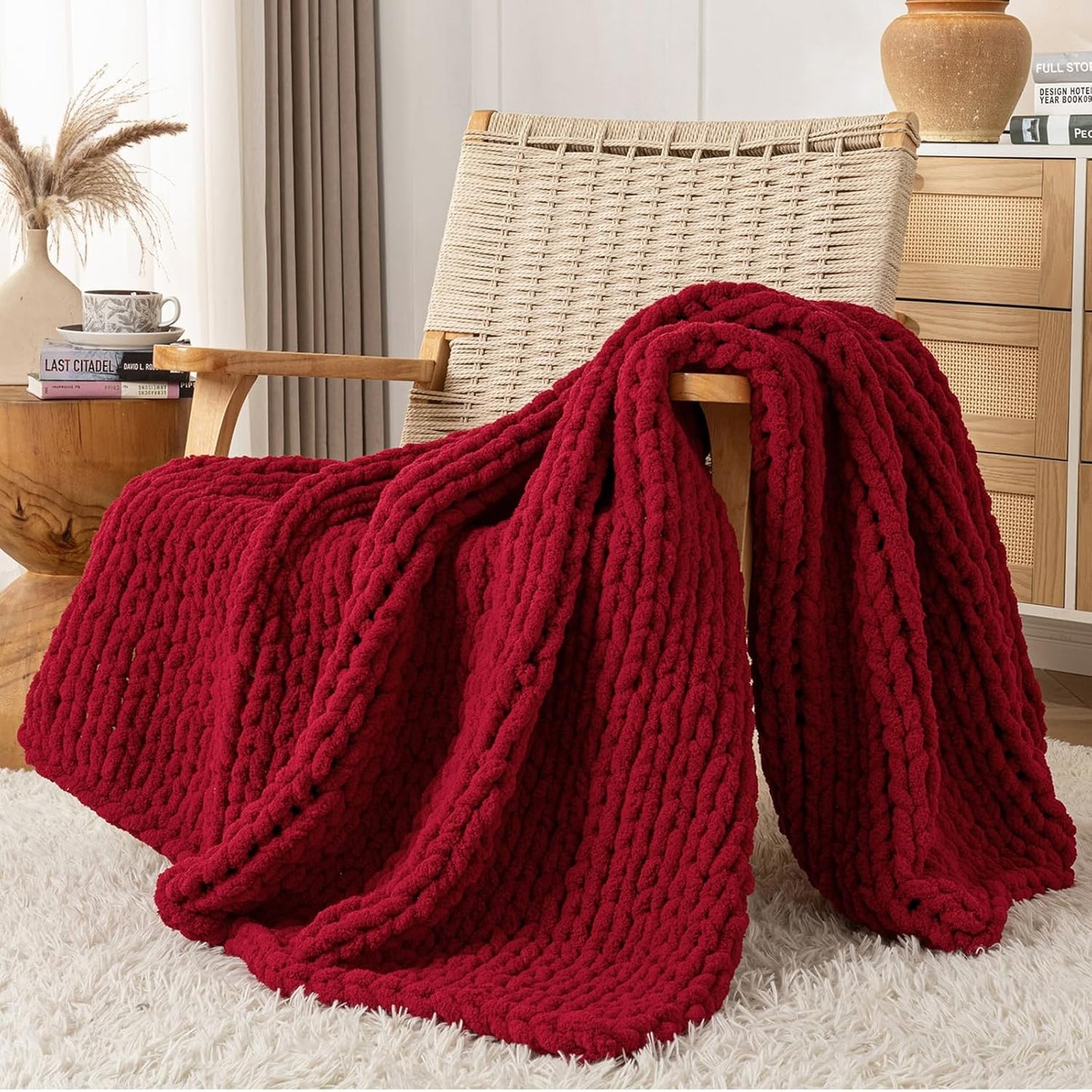 Chunky Knit Blanket Throw, 100% Hand Knit Throw Blanket Handmade Chenille Cable Knit Throw for Couch, Stylish Cozy Soft Rope Knot Crochet Blanket for Home Decor, Red, 50x60 Inches