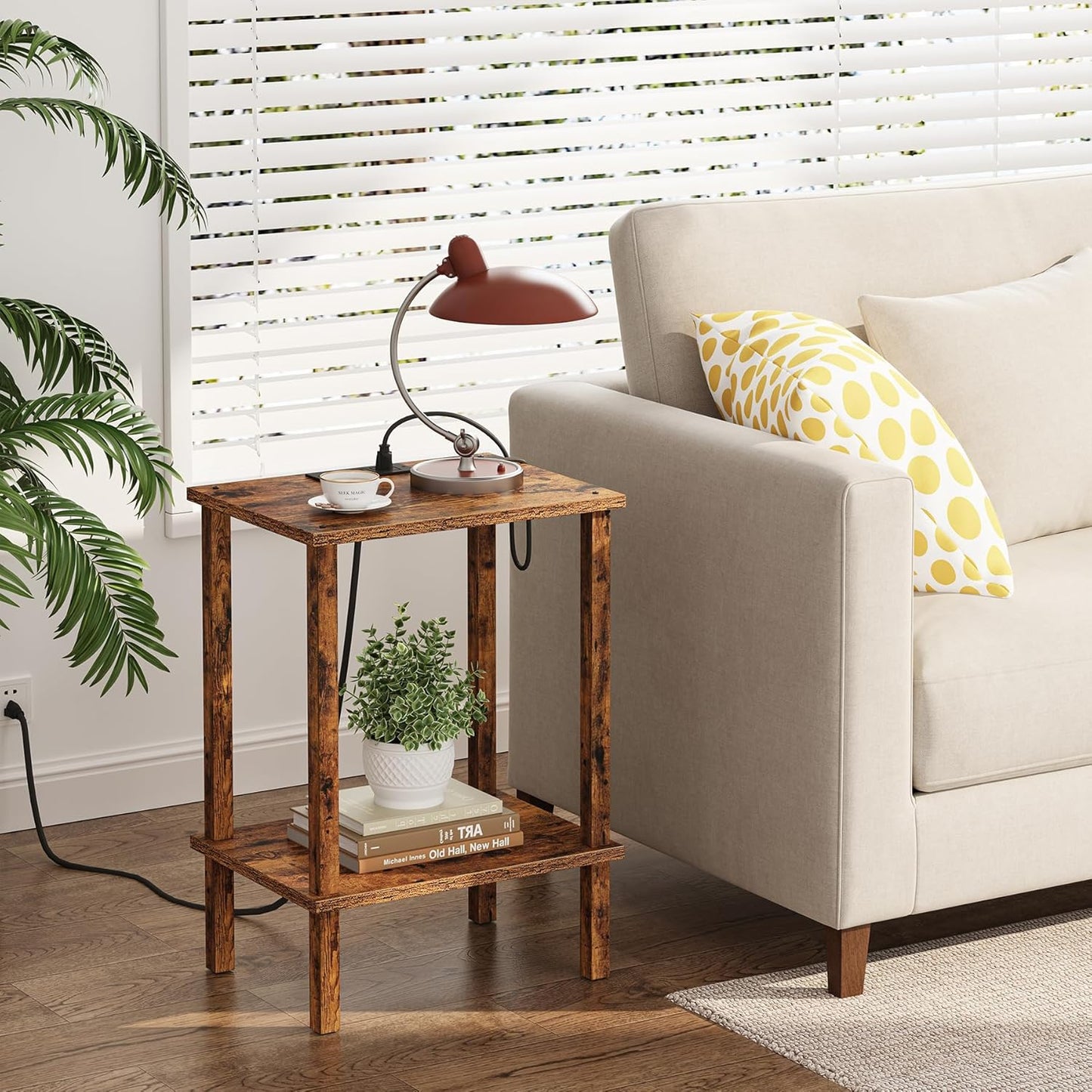 TUTOTAK End Table with Charging Station, Small Side Table with Outlets, Nightstand Bedside Table, 2-Tier Storage Shelf for Small Space, Living Room, Bedroom, Brown TB01BB040C