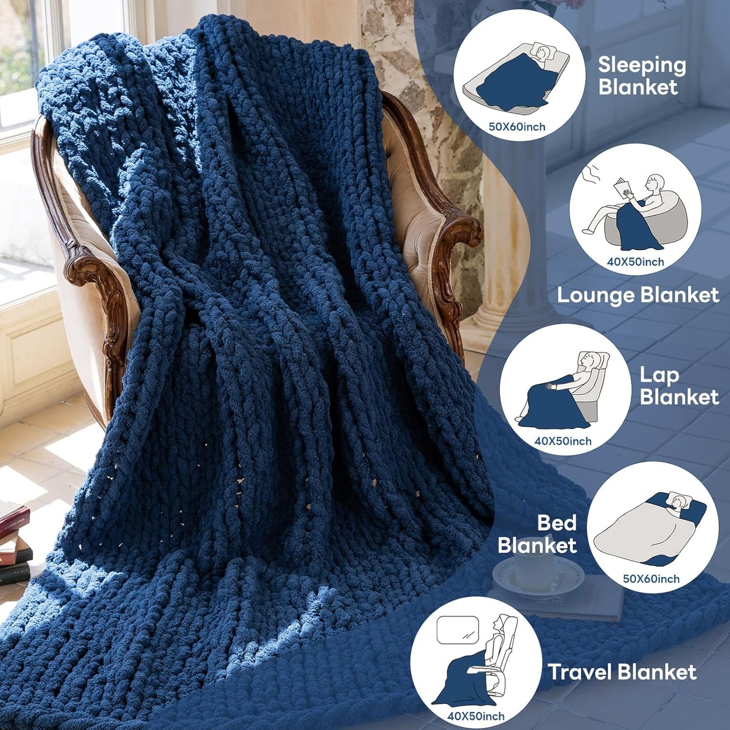 Chunky Knit Blanket - Luxury Soft Cozy 50 * 60 Throw Blanket,100% Woven Blanket Rope Knot Throw Blanket for Couch, Sofa, Home Decor, Gift - Machine Washable（Deep Blue）