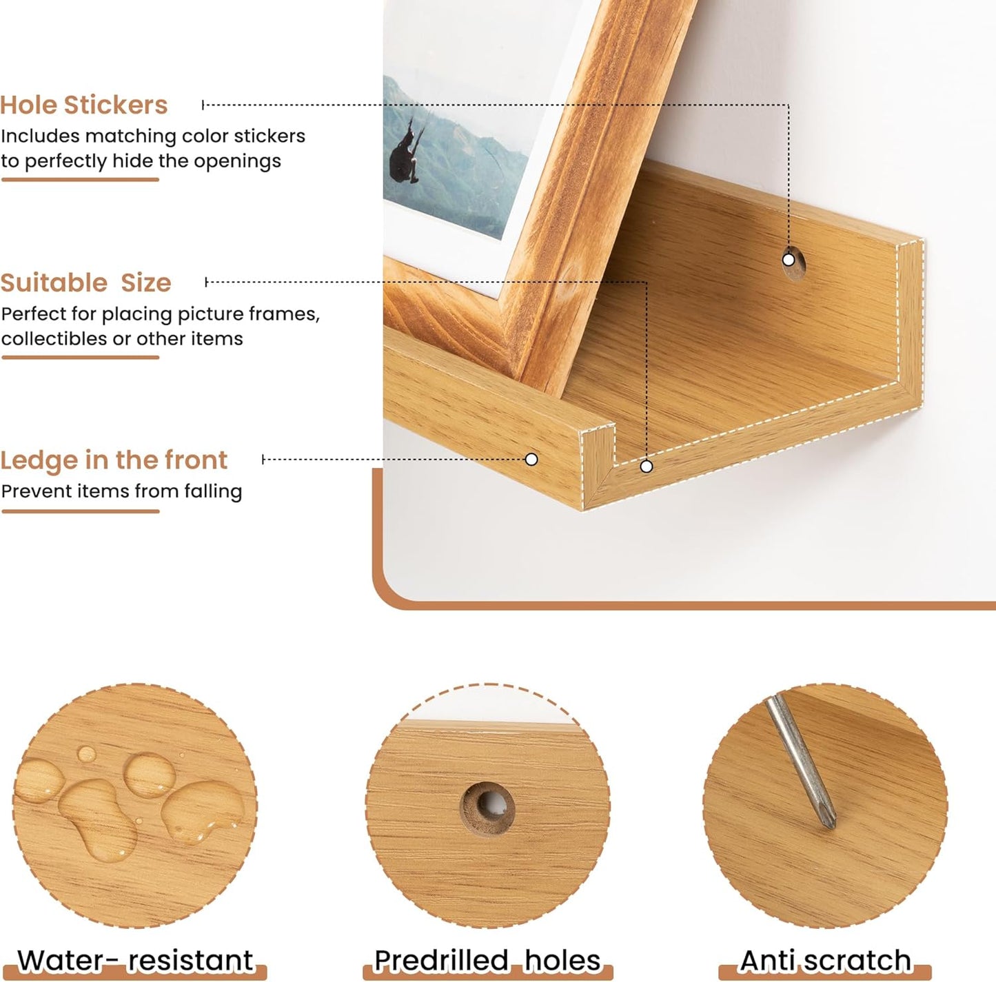 Fun Memories Picture Ledge Shelves Set of 2, 48 Inch Rustic Wall Mounted Floating Shelves with Lip for Home Storage and Décor in Bathroom, Kitchen, Nursery, Bedroom, Living Room, Oak