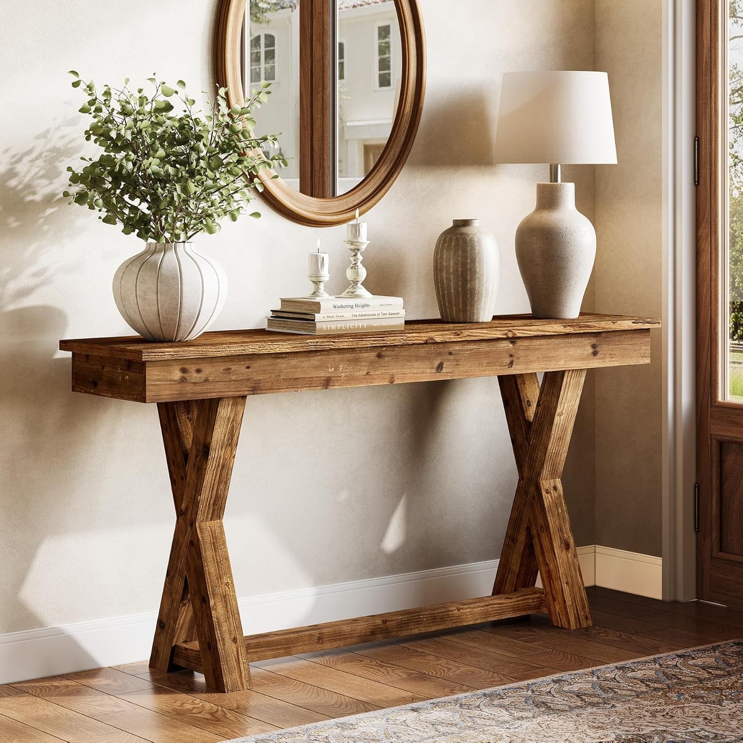 Solid Wood Console Table, 63-Inch Farmhouse Entryway Table with X-Shaped Legs, Real Wood Behind The Couch Table for Living Room, Entrance, Hallway, Easy Assembly