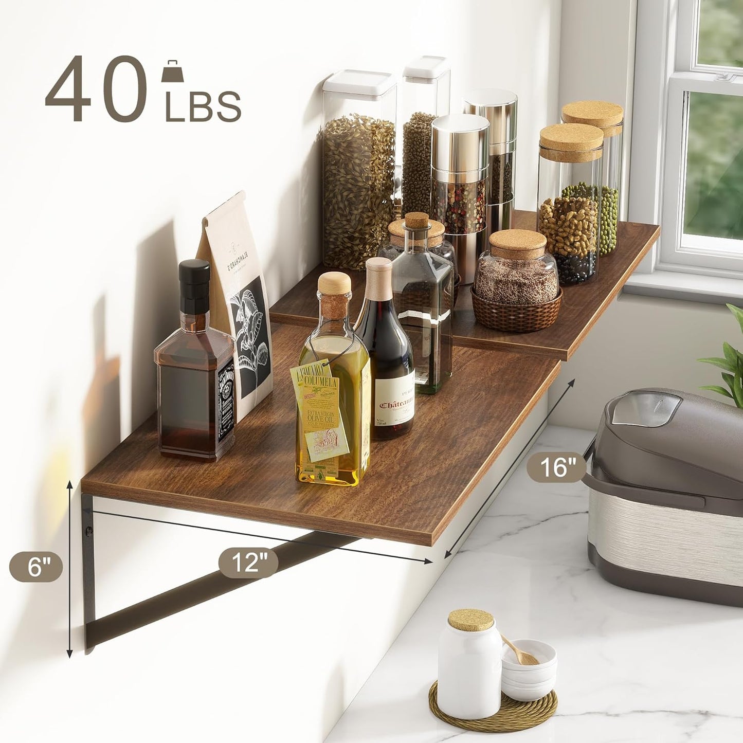 Deep Floating Shelves for Wall, 12 Inch Deep Floating Shelves Set of 2, 16"W x 12"D Wall Shelf, Wide Display Ledges Shelves for Bedroom, Bathroom, 12 Deep Bookshelf Wall Mounted - Walnut Color